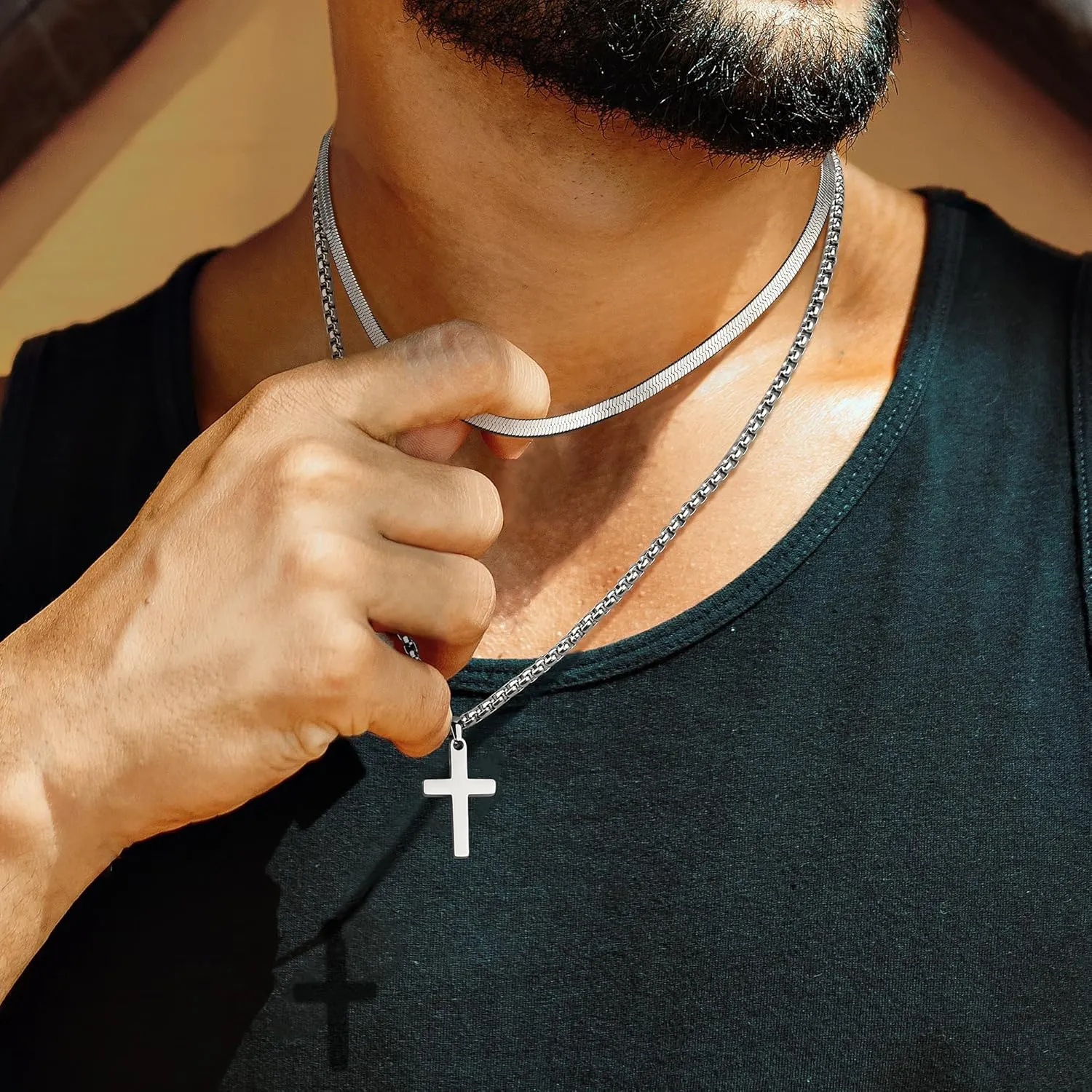 sailimue Cross Necklace for Men - Layered Cross Chain Stainless Steel Crucifix Pendant Gold Black Silver 16-24 Inch - Snake Rope Cuban Link - Gift Box Included