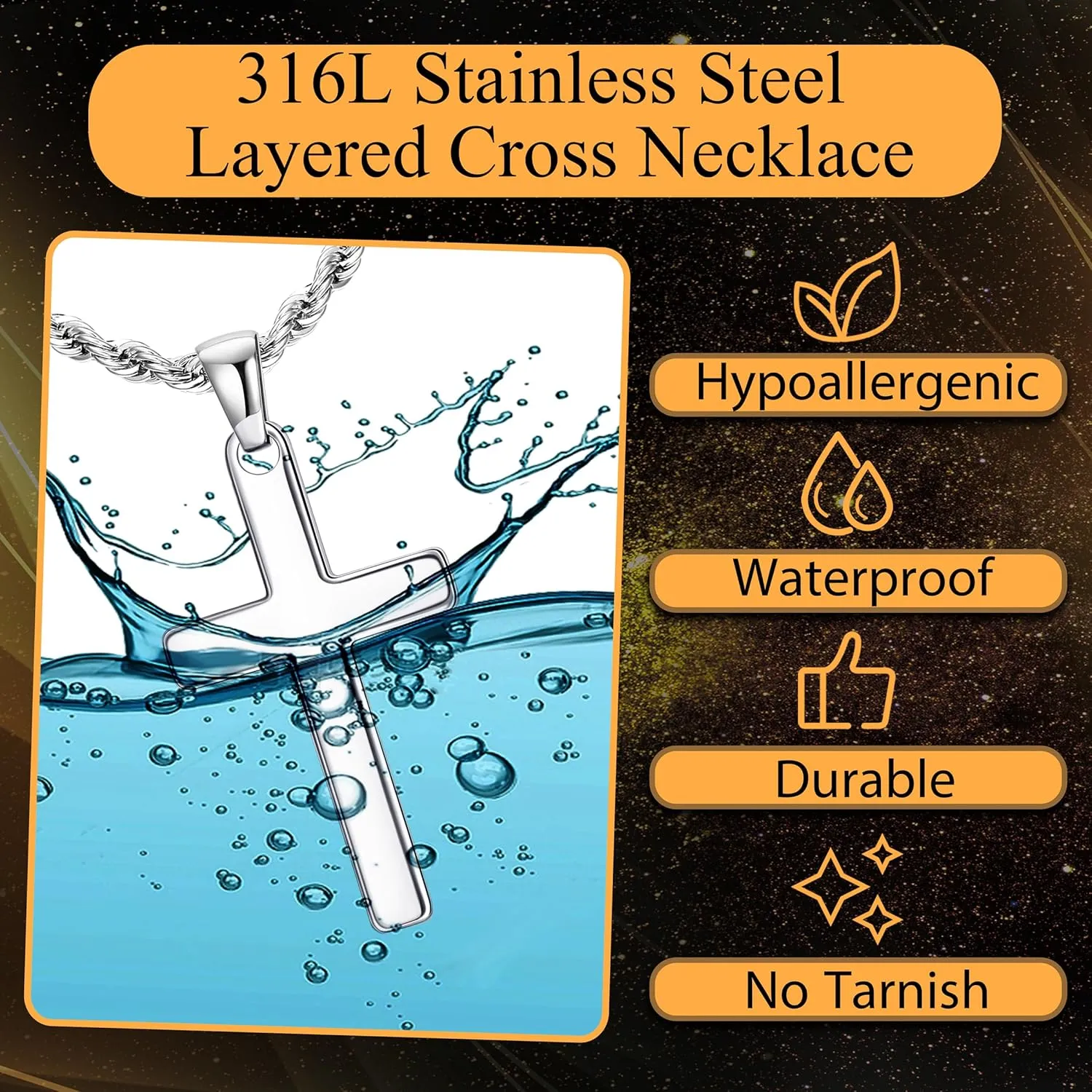 sailimue Cross Necklace for Men - Layered Cross Chain Stainless Steel Crucifix Pendant Gold Black Silver 16-24 Inch - Snake Rope Cuban Link - Gift Box Included