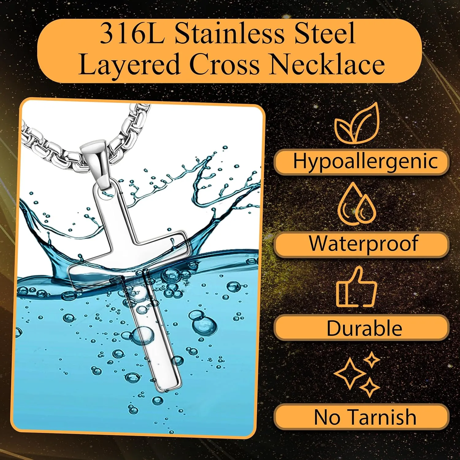 sailimue Cross Necklace for Men - Layered Cross Chain Stainless Steel Crucifix Pendant Gold Black Silver 16-24 Inch - Snake Rope Cuban Link - Gift Box Included
