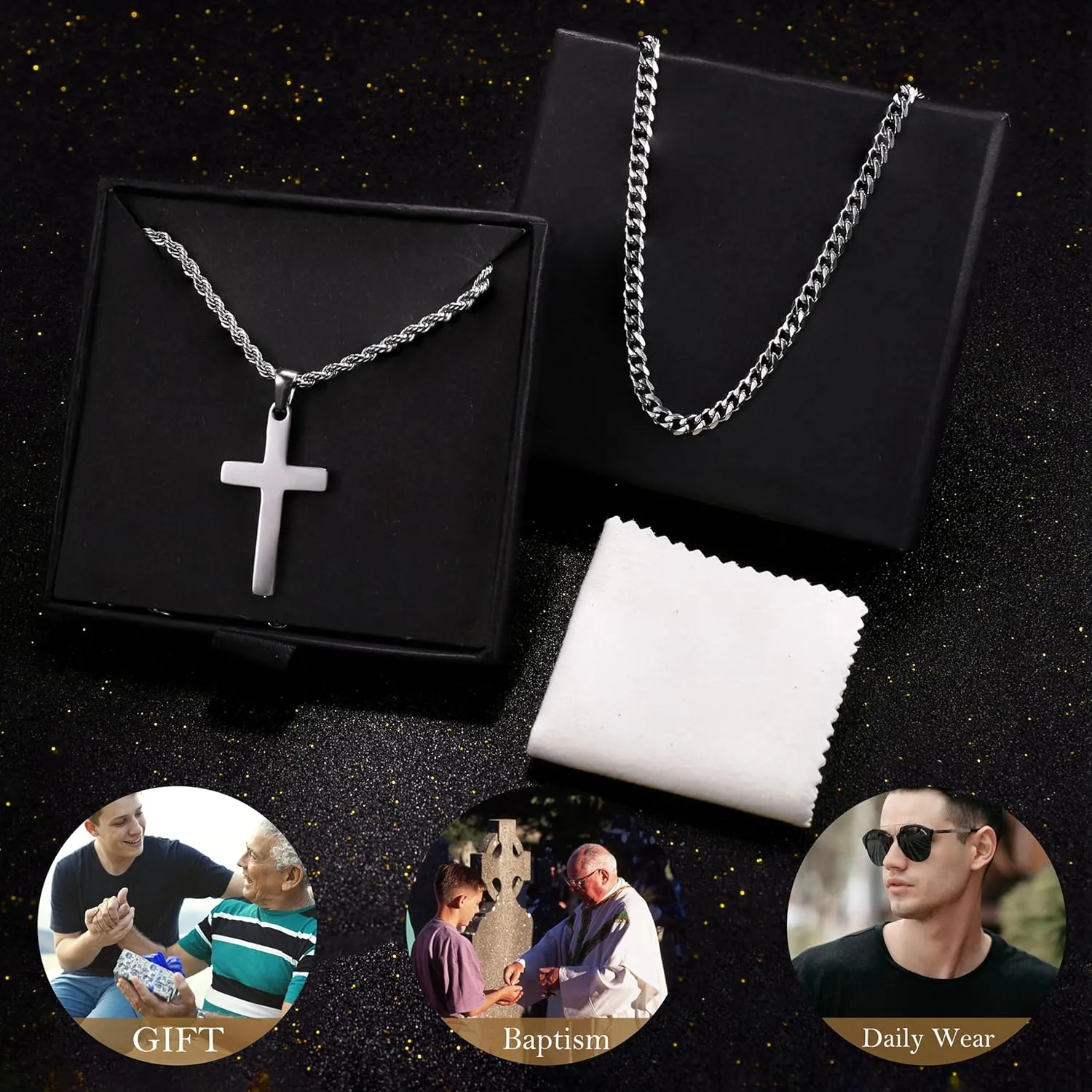 sailimue Cross Necklace for Men - Layered Cross Chain Stainless Steel Crucifix Pendant Gold Black Silver 16-24 Inch - Snake Rope Cuban Link - Gift Box Included