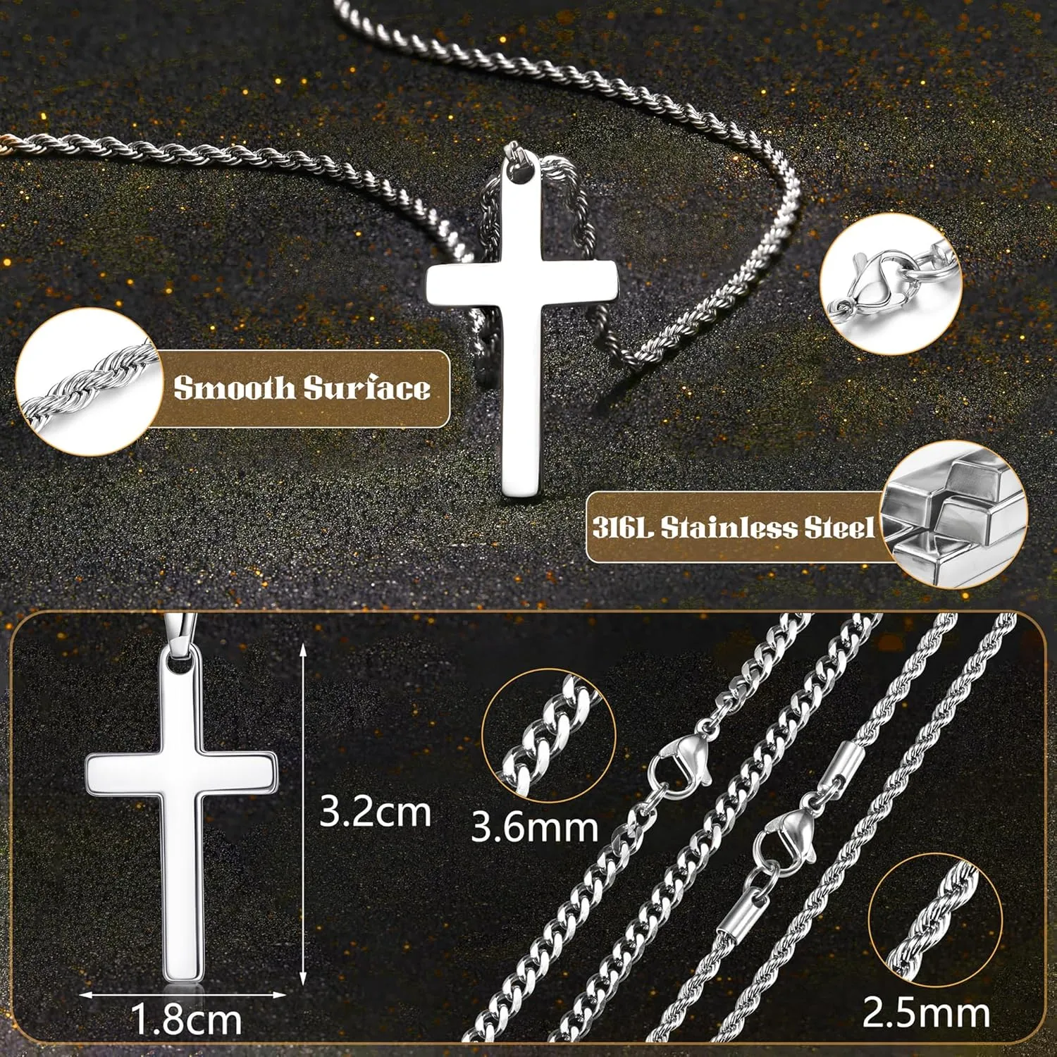 sailimue Cross Necklace for Men - Layered Cross Chain Stainless Steel Crucifix Pendant Gold Black Silver 16-24 Inch - Snake Rope Cuban Link - Gift Box Included