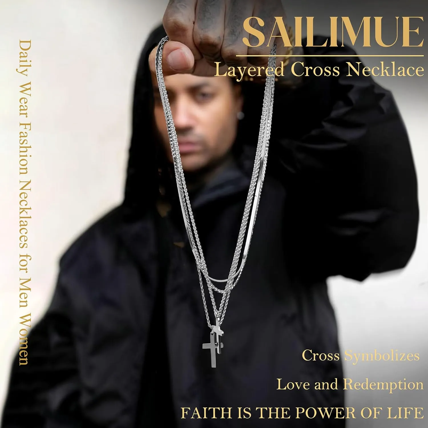 sailimue Cross Necklace for Men - Layered Cross Chain Stainless Steel Crucifix Pendant Gold Black Silver 16-24 Inch - Snake Rope Cuban Link - Gift Box Included