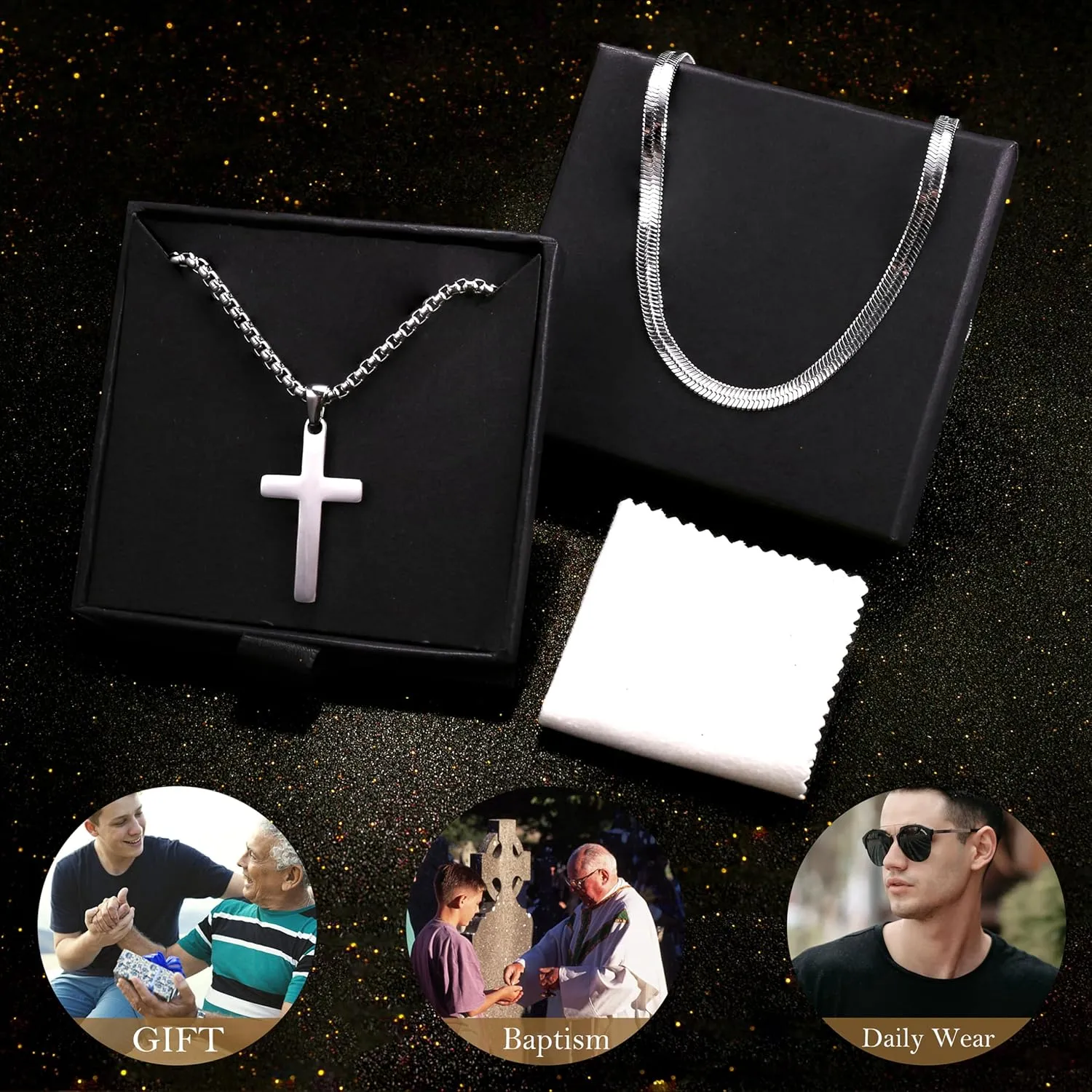 sailimue Cross Necklace for Men - Layered Cross Chain Stainless Steel Crucifix Pendant Gold Black Silver 16-24 Inch - Snake Rope Cuban Link - Gift Box Included