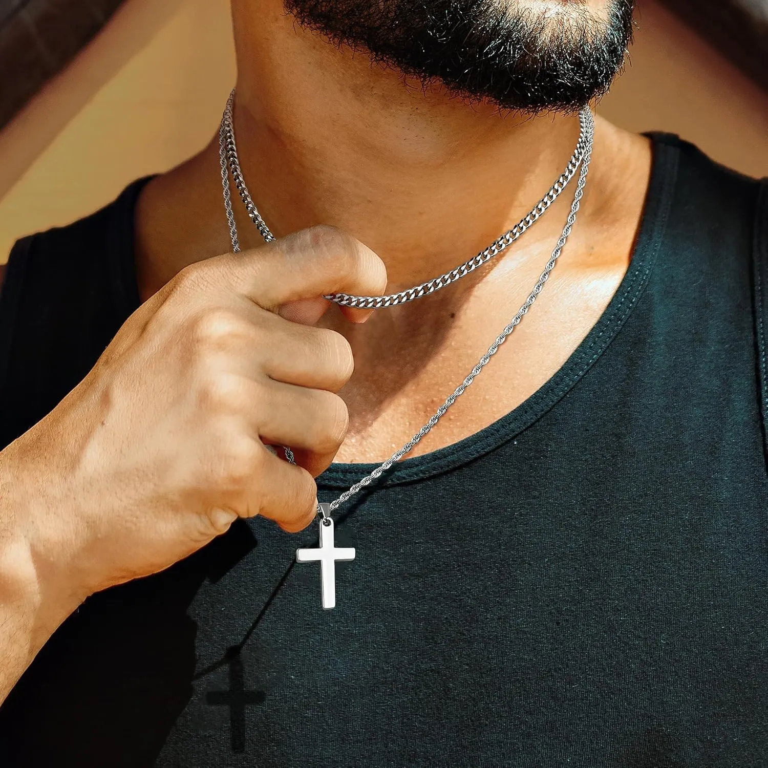 sailimue Cross Necklace for Men - Layered Cross Chain Stainless Steel Crucifix Pendant Gold Black Silver 16-24 Inch - Snake Rope Cuban Link - Gift Box Included