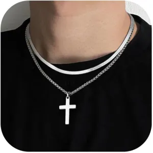 sailimue Cross Necklace for Men - Layered Cross Chain Stainless Steel Crucifix Pendant Gold Black Silver 16-24 Inch - Snake Rope Cuban Link - Gift Box Included