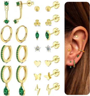 SAILIMUE Hypoallergenic Flat Back Earrings Gold Earrings Stacks Set Surgical Stainless Steel Cartilage Earring for Women Dainty Flatback Stud Small Hoop Earring Sets for Multiple Piercing