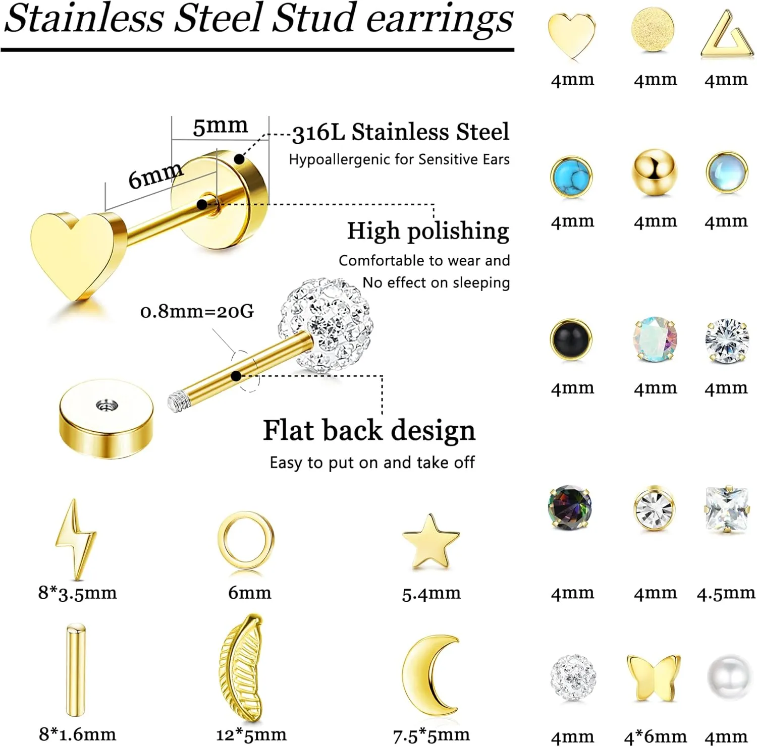 SAILIMUE Stainless Steel Flat Back Earrings For Women Hypoallergenic Gold Cartilage Flatback Earrings Studs Set in Star, Moon 21 Pairs