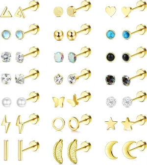 SAILIMUE Stainless Steel Flat Back Earrings For Women Hypoallergenic Gold Cartilage Flatback Earrings Studs Set in Star, Moon 21 Pairs