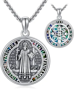 Saint Benedict Necklace S925 Sterling Silver St Benedict Medal Pendant Necklaces Religious Jewelry Gifts for Men Women