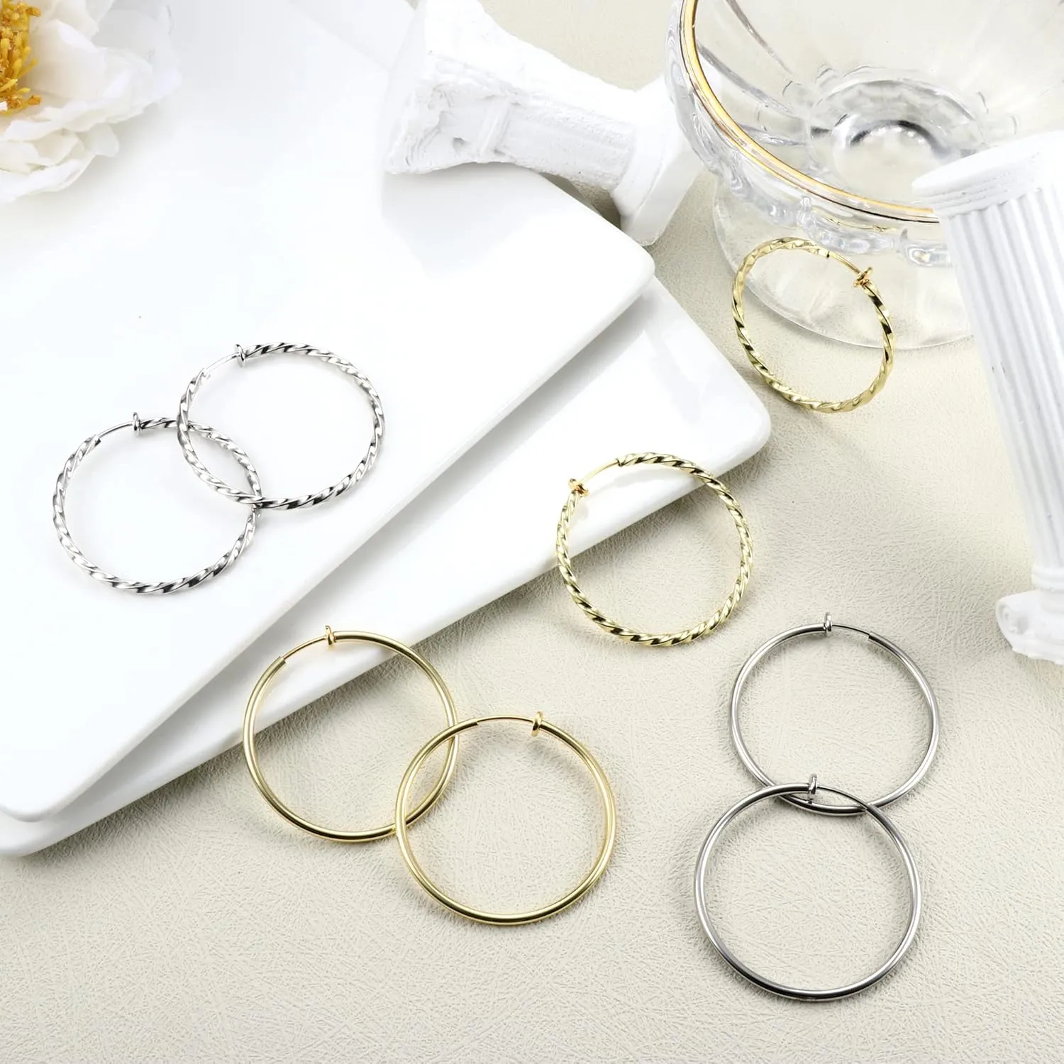 Sanfenly 8Pcs Clip On Hoop Earrings for Women Stainless Steel, Silver Gold Non Piercing Big Hoop Earring Hypoallergenic Twisted Hoop Earrings for Non Pierced Lightweight Ears