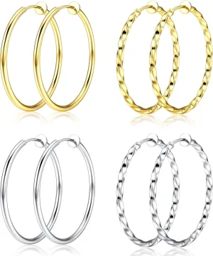 Sanfenly 8Pcs Clip On Hoop Earrings for Women Stainless Steel, Silver Gold Non Piercing Big Hoop Earring Hypoallergenic Twisted Hoop Earrings for Non Pierced Lightweight Ears