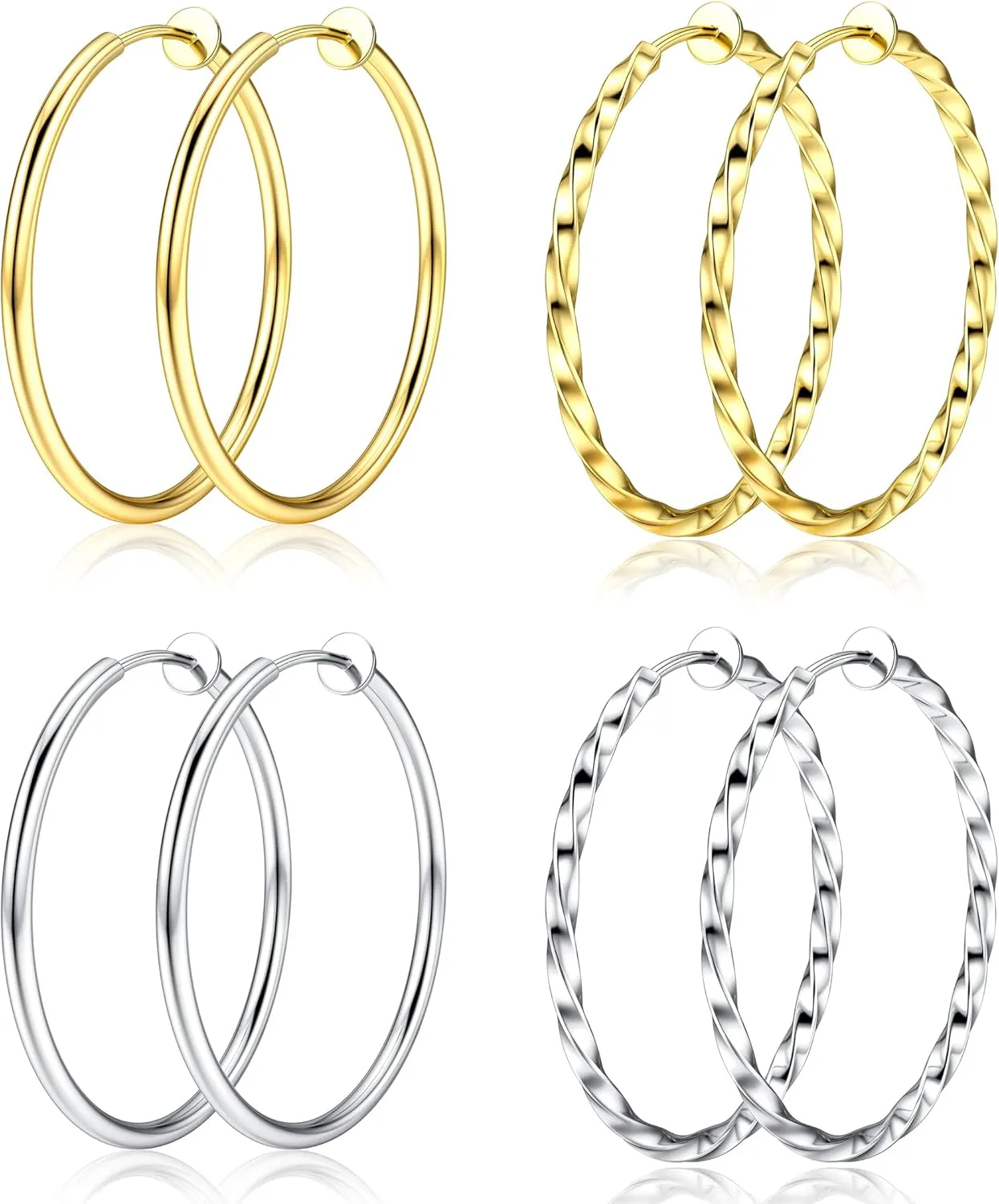 Sanfenly 8Pcs Clip On Hoop Earrings for Women Stainless Steel, Silver Gold Non Piercing Big Hoop Earring Hypoallergenic Twisted Hoop Earrings for Non Pierced Lightweight Ears