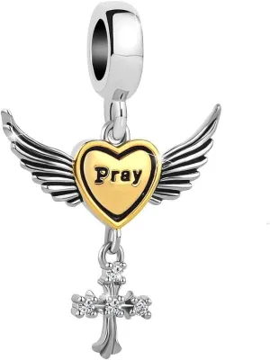 SexyMandala Heart Love Angel Wings Charm with Gold Aura Dangle Bead fit European Charm Bracelets &Necklaces