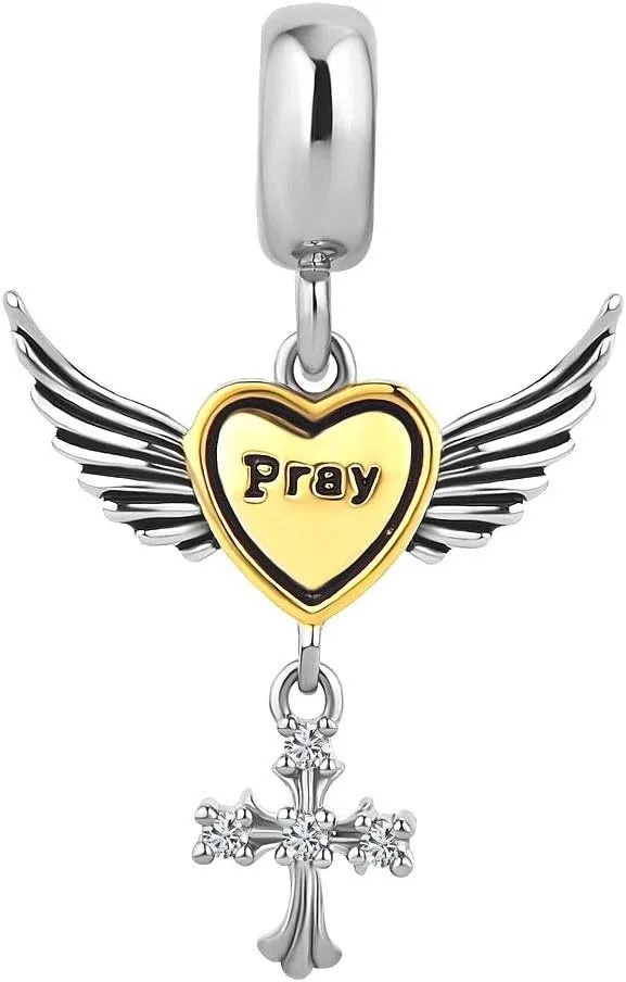 SexyMandala Heart Love Angel Wings Charm with Gold Aura Dangle Bead fit European Charm Bracelets &Necklaces