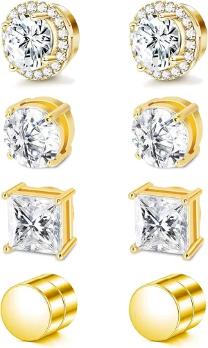 SIISPRI Magnetic Stud Earrings for Women Men, Non-piercing CZ Halo Studs, Hypoallergenic 18K Gold Plated Surgical Steel Clip on Stud Earrings Set for Sensitive Ears