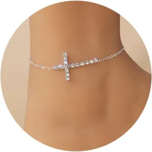 Silver Ankle Bracelets for Women, Adjustable Rhinestone Pendant Tennis Anklet, Butterfly Heart Infinite Diamond Summer Beach Foot Chain Jewelry Gifts