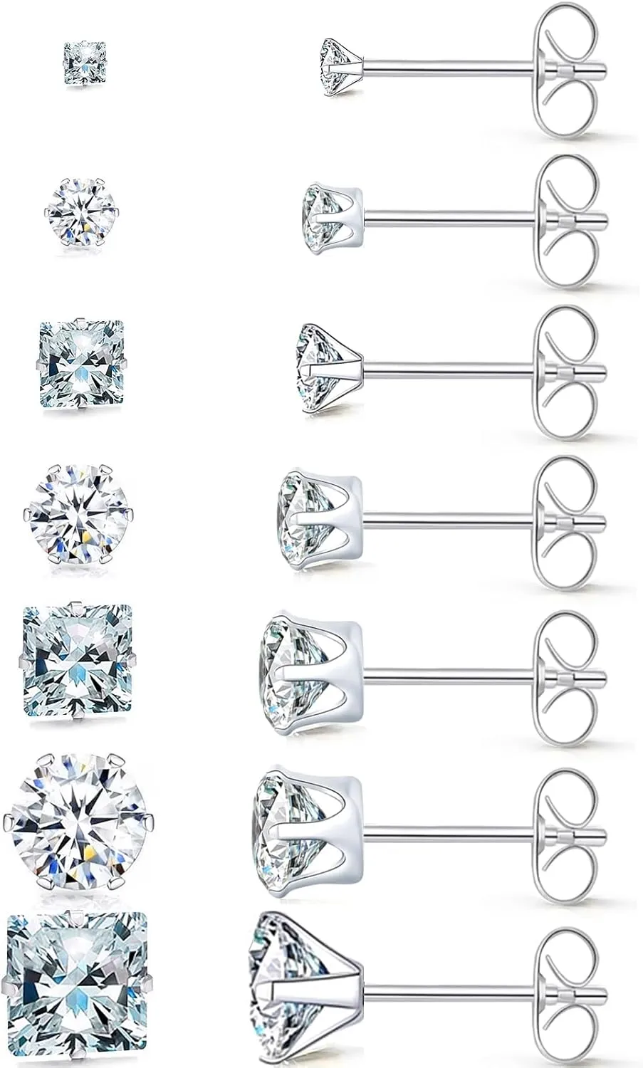 Silver Square Round Stud Earrings Set 7 Pairs Hypoallergenic Cubic Zirconia Diamond Titanium Stainless Steel Silver Gold Black CZ Cartilage Stud Earrings Jewelry Set for Women Men, 2-8mm Studs Earring