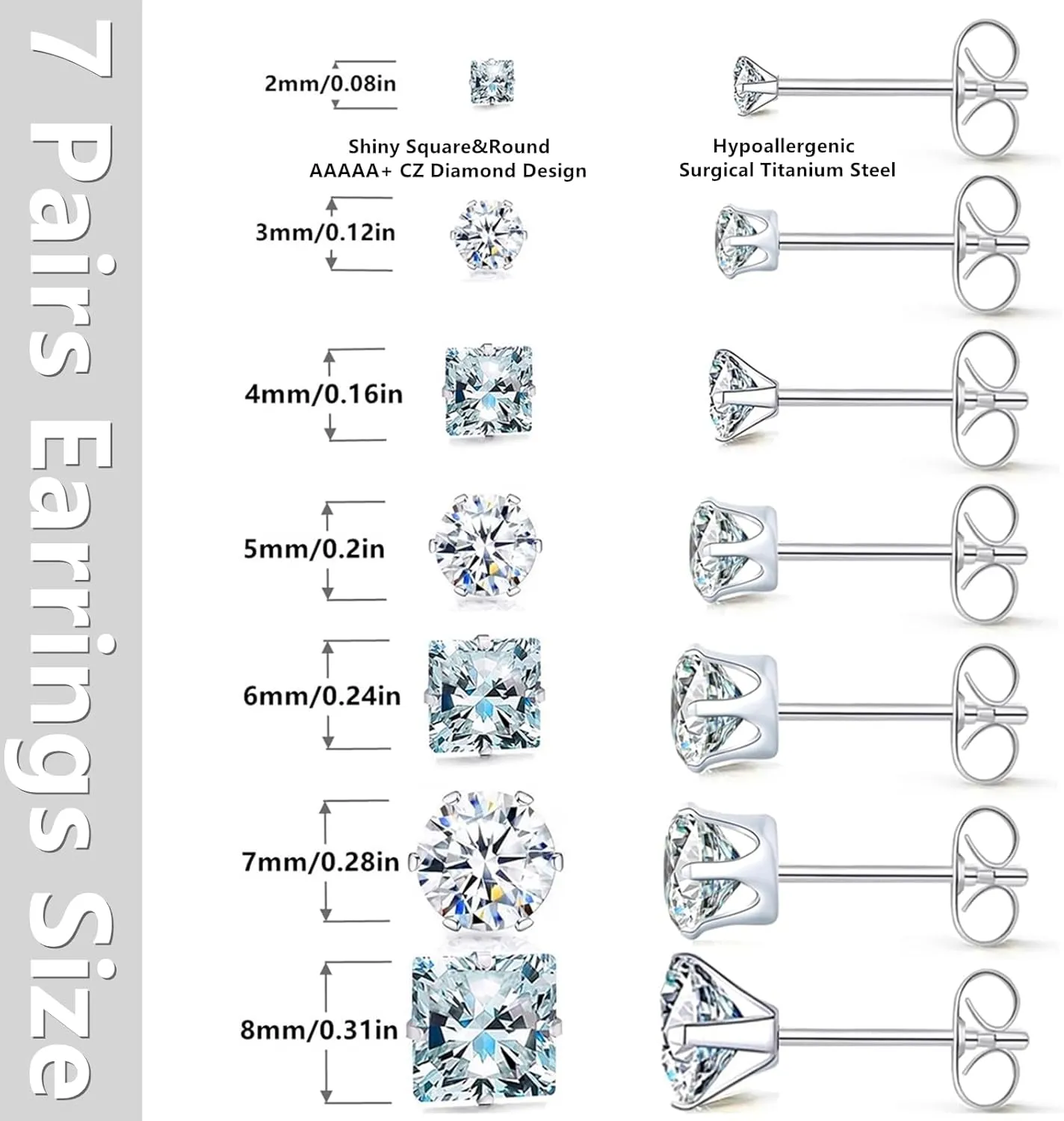 Silver Square Round Stud Earrings Set 7 Pairs Hypoallergenic Cubic Zirconia Diamond Titanium Stainless Steel Silver Gold Black CZ Cartilage Stud Earrings Jewelry Set for Women Men, 2-8mm Studs Earring