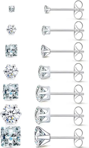 Silver Square Round Stud Earrings Set 7 Pairs Hypoallergenic Cubic Zirconia Diamond Titanium Stainless Steel Silver Gold Black CZ Cartilage Stud Earrings Jewelry Set for Women Men, 2-8mm Studs Earring