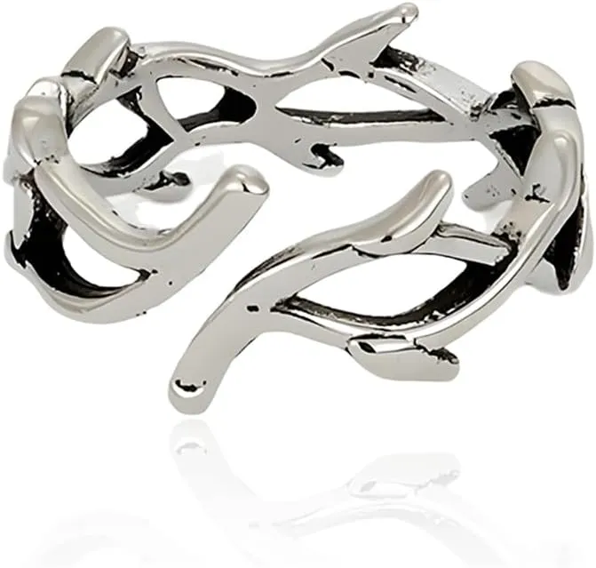 Silver Thorns Ring for Men Women Irregular Branch Ring Adjustable Crown of Thorns Band Rings Gothic Jewelry