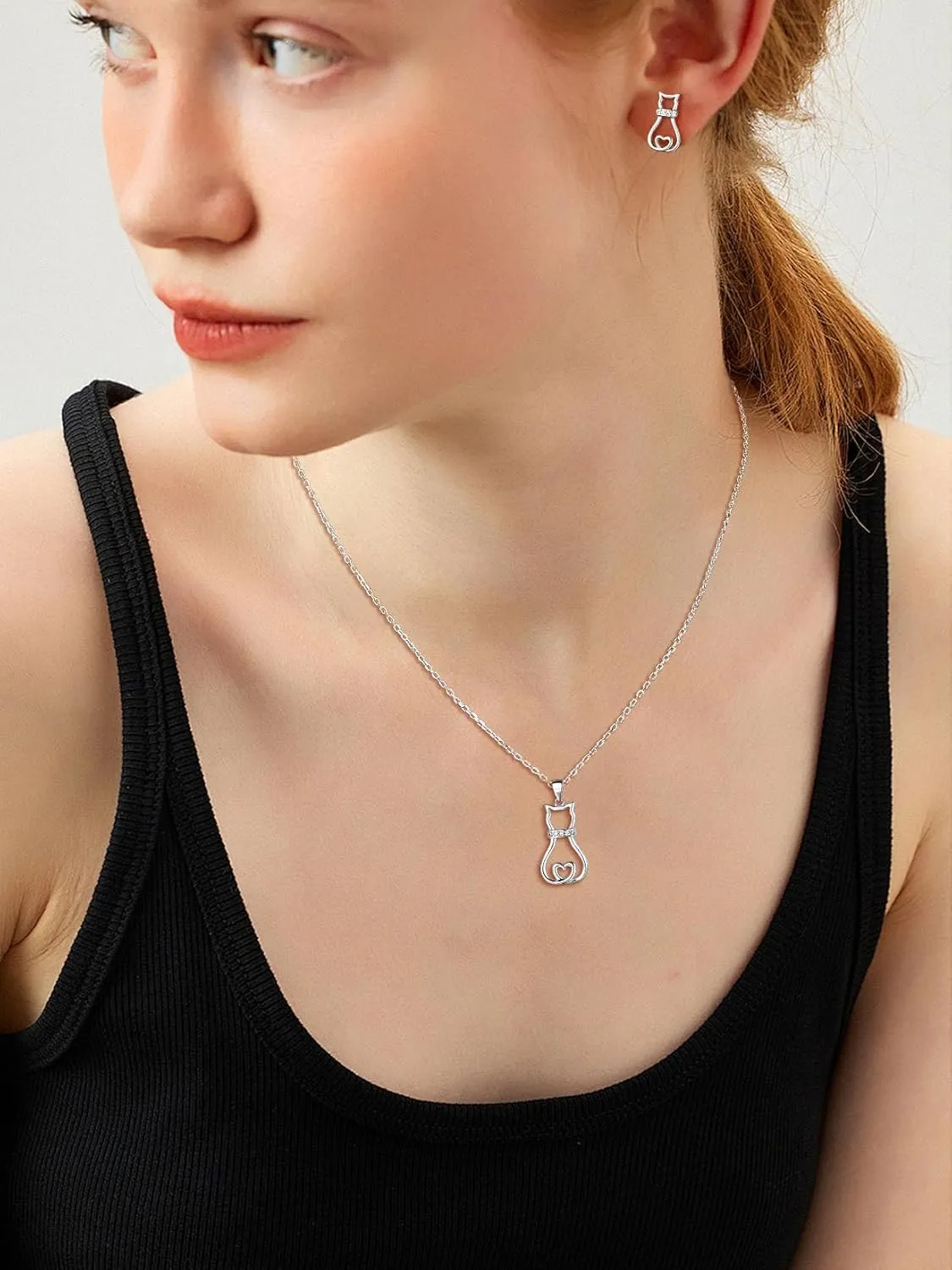 SILVERCUTE Cat Necklaces for Cat Lovers Sterling Silver Womens Jewelry S925 Kitten Pendant Cat Collarbone Necklace