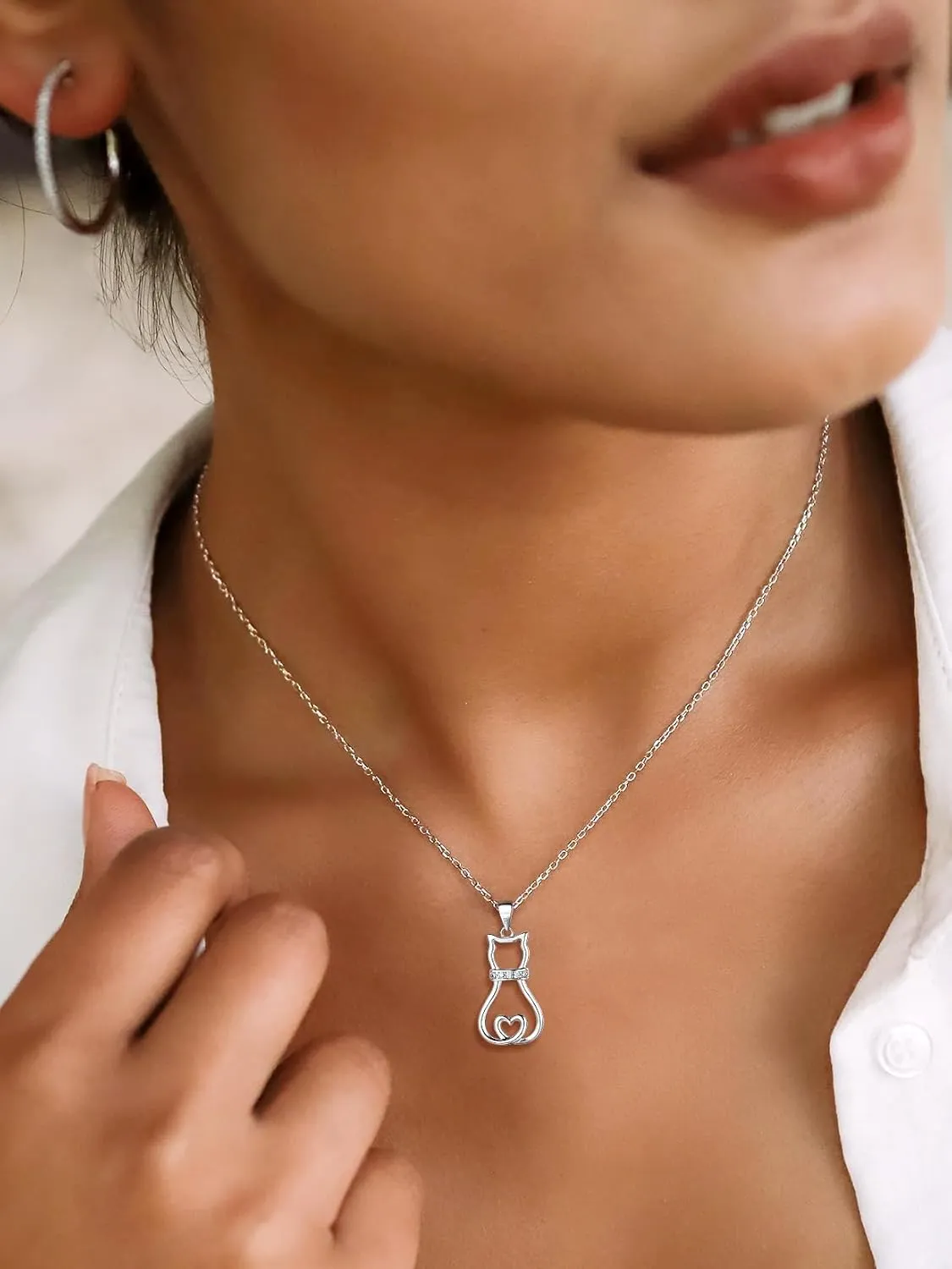 SILVERCUTE Cat Necklaces for Cat Lovers Sterling Silver Womens Jewelry S925 Kitten Pendant Cat Collarbone Necklace