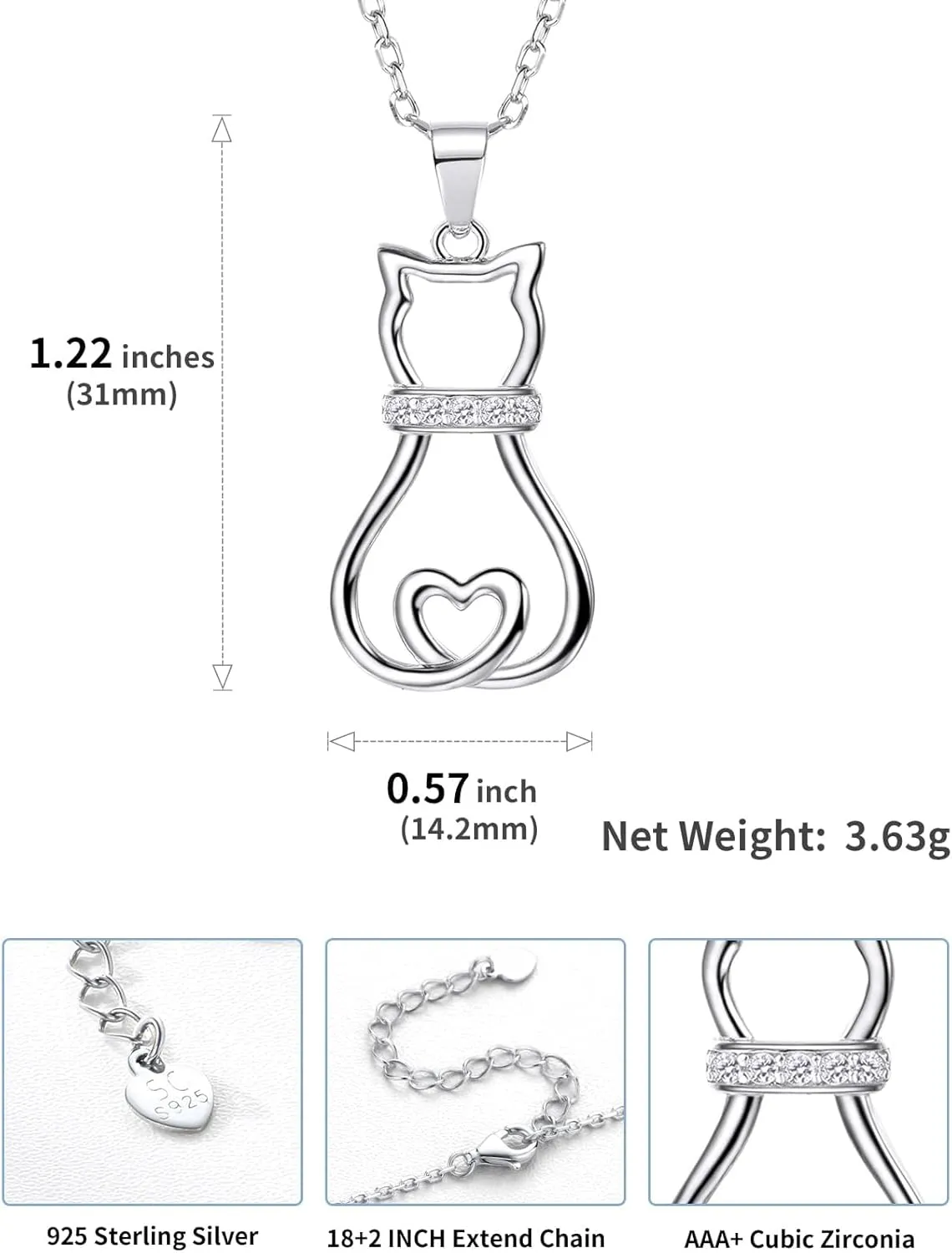 SILVERCUTE Cat Necklaces for Cat Lovers Sterling Silver Womens Jewelry S925 Kitten Pendant Cat Collarbone Necklace