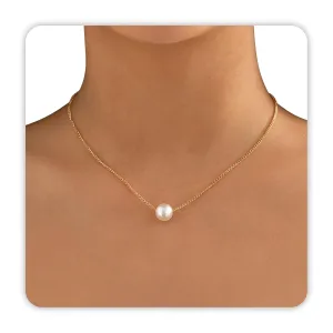 Single Pearl Necklace, 8MM Pearl Pendant Necklaces for Women 14K Gold Dainty Strands Necklace Simple Floating Pearl Charm Gifts for Women as Girlfriend Brides Birthday Gifts