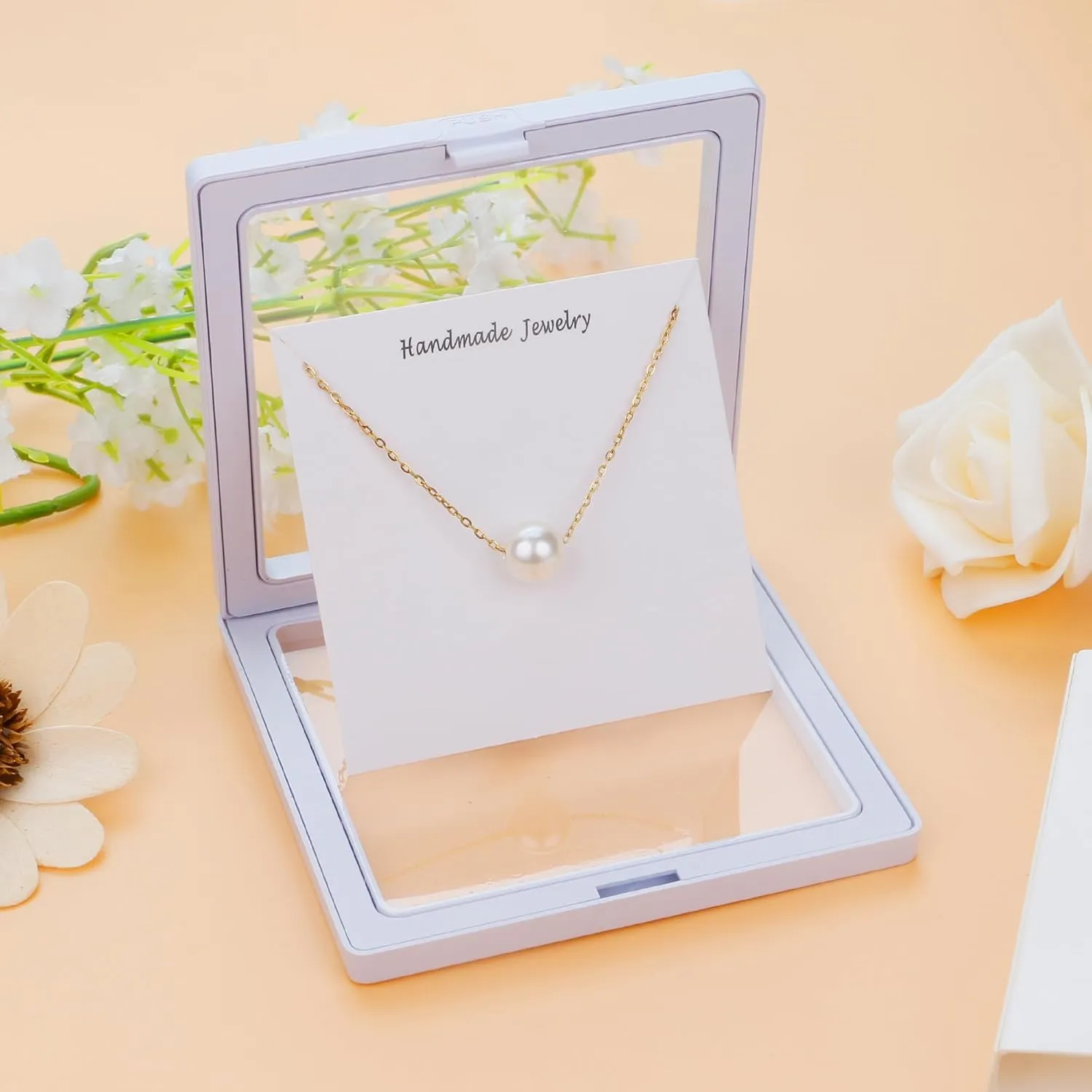 Single Pearl Necklace, 8MM Pearl Pendant Necklaces for Women 14K Gold Dainty Strands Necklace Simple Floating Pearl Charm Gifts for Women as Girlfriend Brides Birthday Gifts