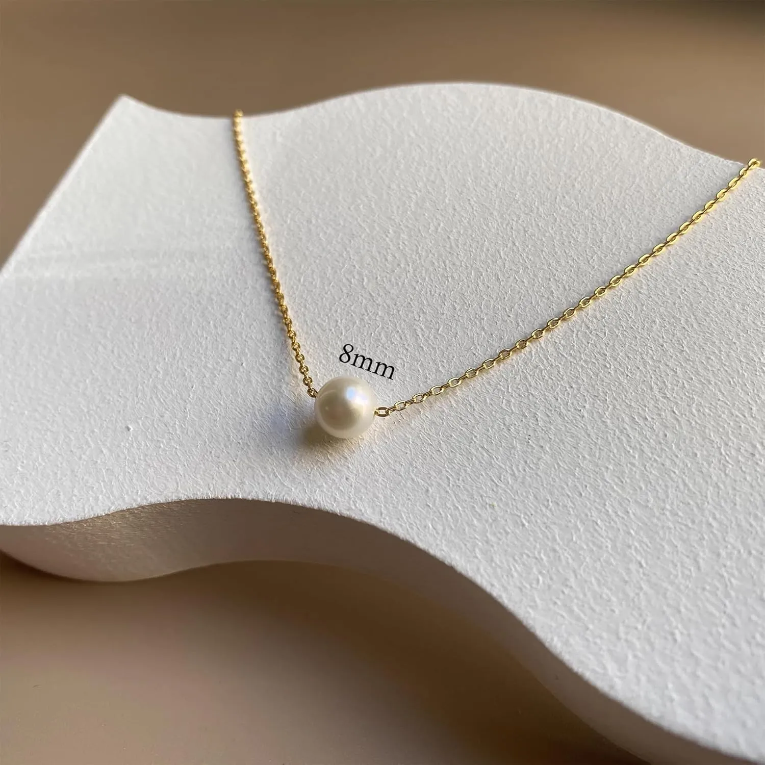Single Pearl Necklace, 8MM Pearl Pendant Necklaces for Women 14K Gold Dainty Strands Necklace Simple Floating Pearl Charm Gifts for Women as Girlfriend Brides Birthday Gifts