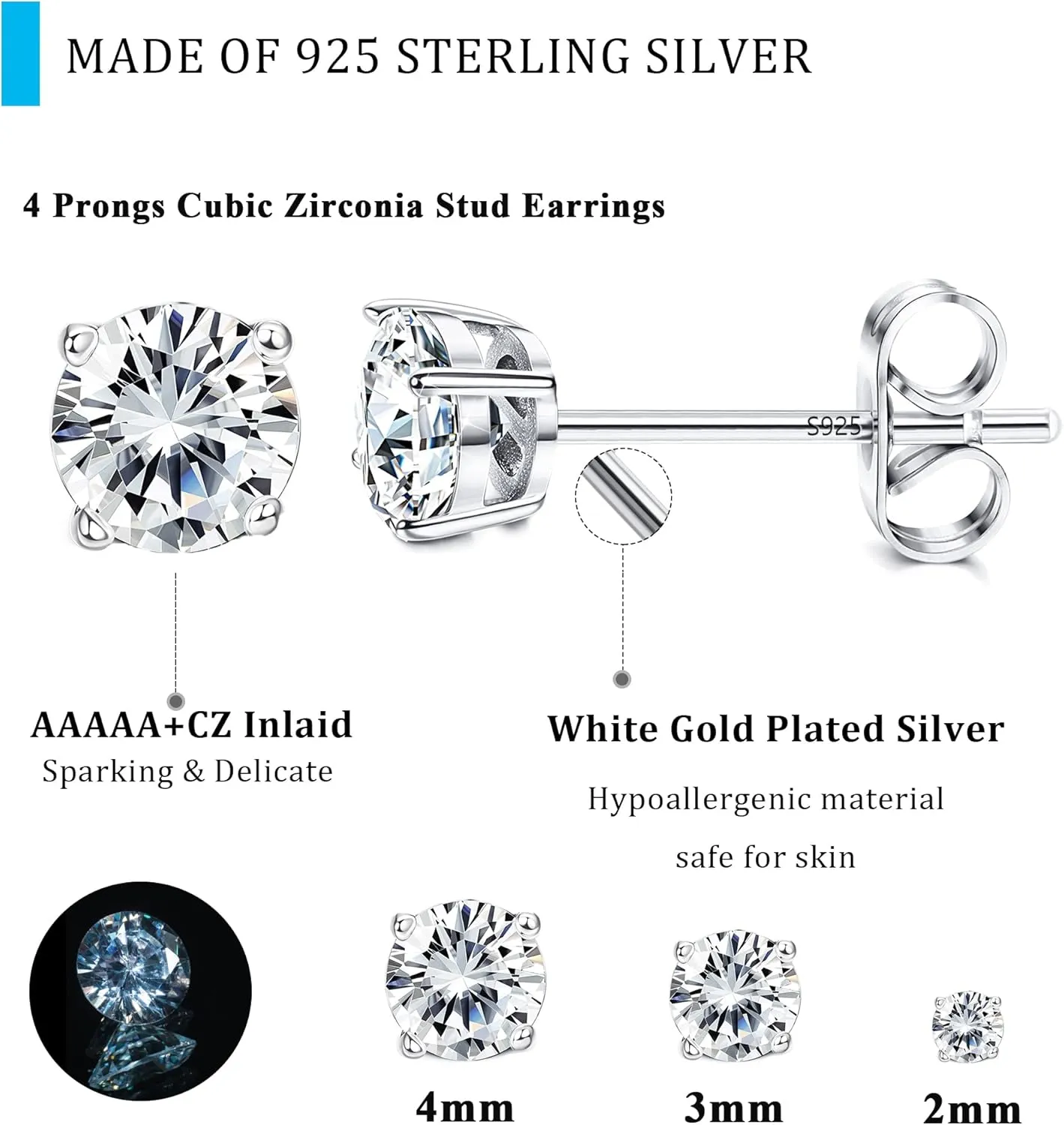 Sllaiss 3 Pairs 5A Cubic Zirconia Earrings Studs 925 Sterling Silver 3 4 Prong Round CZ Cartilage Earrings Stud White Gold Plated CZ Stud Earrings For Women Men 2mm 3mm 4mm
