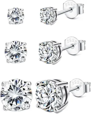 Sllaiss 3 Pairs 5A Cubic Zirconia Earrings Studs 925 Sterling Silver 3 4 Prong Round CZ Cartilage Earrings Stud White Gold Plated CZ Stud Earrings For Women Men 2mm 3mm 4mm