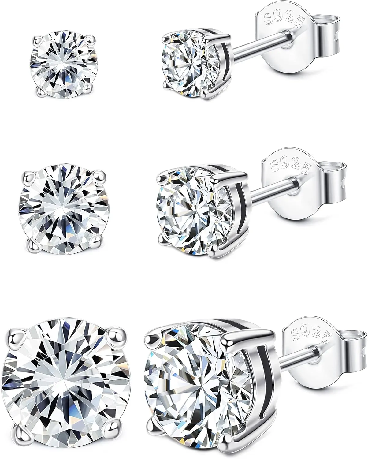 Sllaiss 3 Pairs 5A Cubic Zirconia Earrings Studs 925 Sterling Silver 3 4 Prong Round CZ Cartilage Earrings Stud White Gold Plated CZ Stud Earrings For Women Men 2mm 3mm 4mm