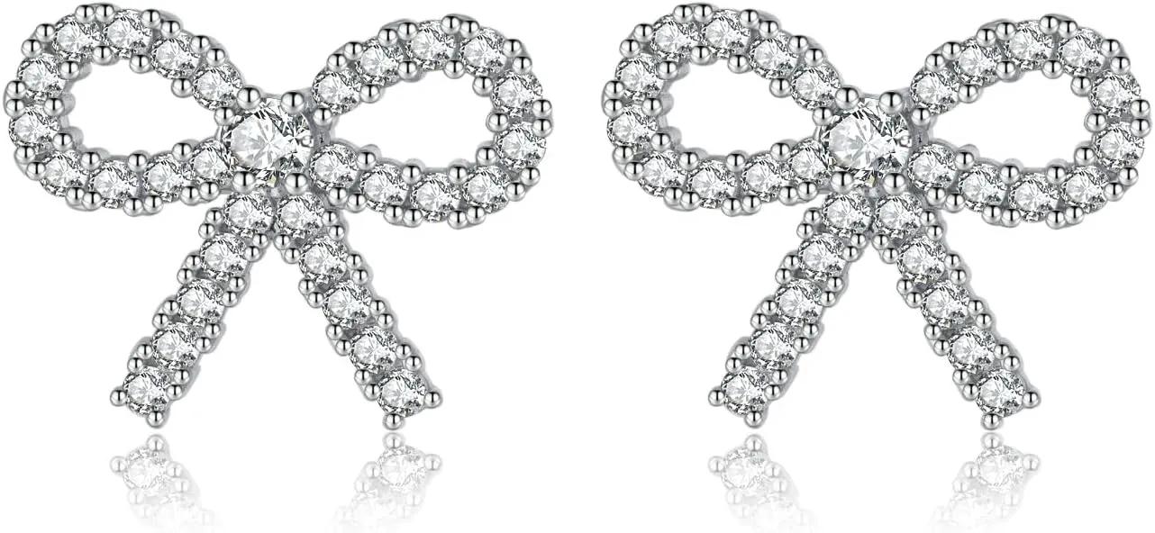 SLUYNZ Solid 925 Sterling Silver 1.7CM Bow Stud Earrings for Women Teens Sparkling CZ Bowknot Earrings Stud