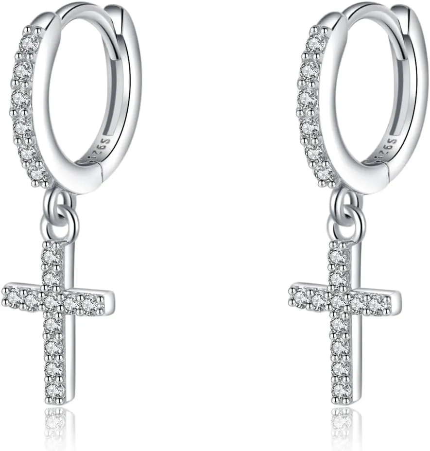 SLUYNZ Solid 925 Sterling Silver Cross Hoop Earrings for Women Teens Small CZ Hoop Earrings Huggie Drop