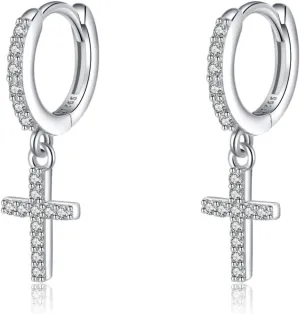 SLUYNZ Solid 925 Sterling Silver Cross Hoop Earrings for Women Teens Small CZ Hoop Earrings Huggie Drop
