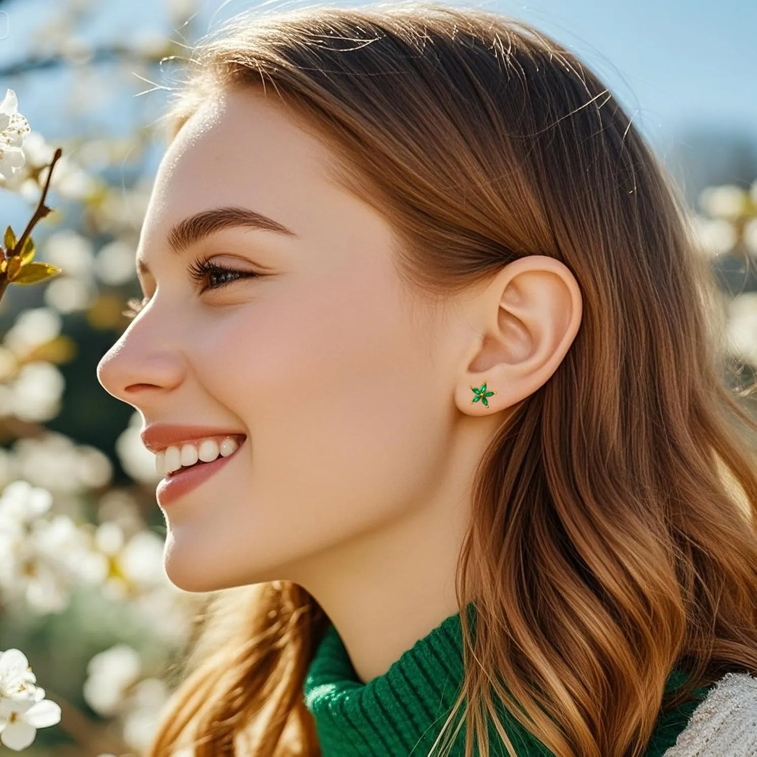 SLUYNZ Solid 925 Sterling Silver Green CZ Flower Earrings Stud for Women Teens Flower Stud Earrings Post
