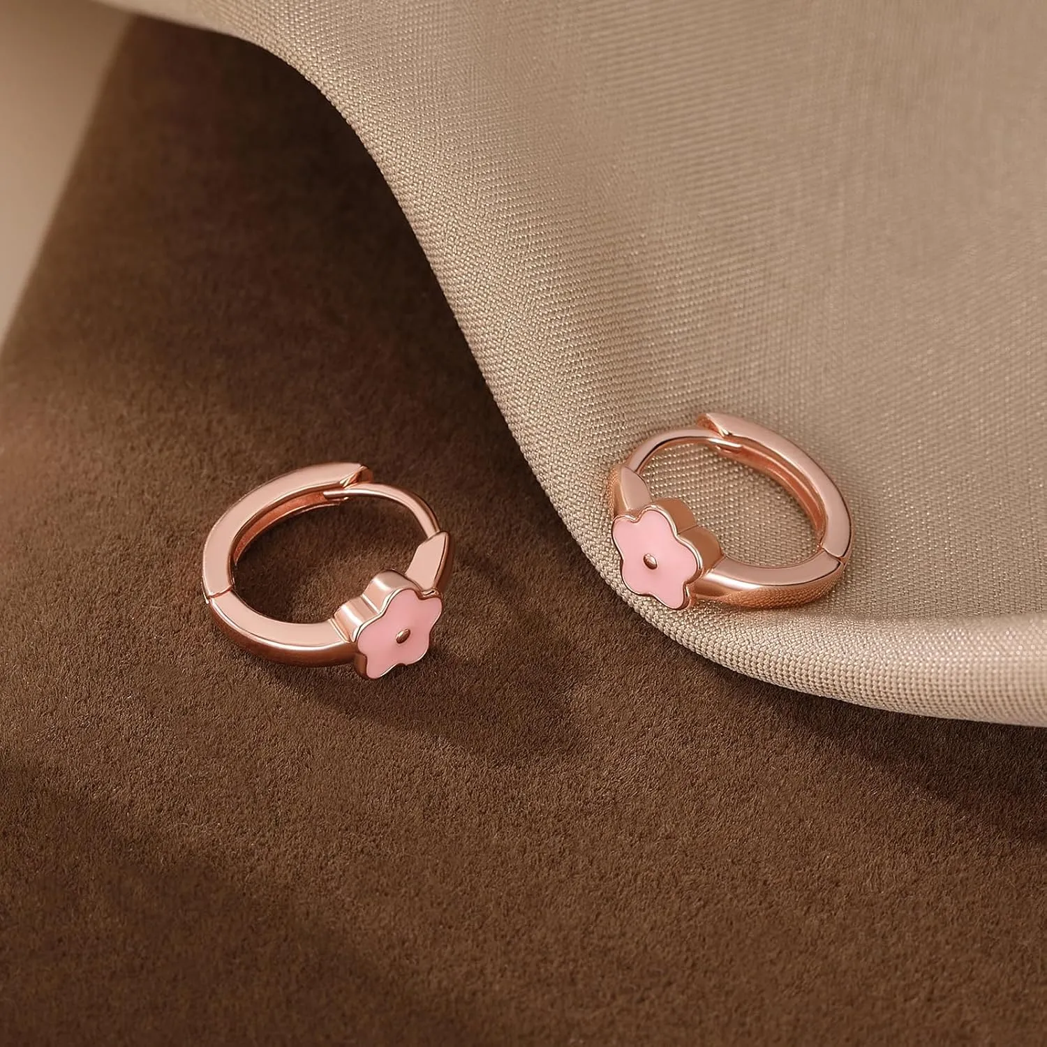 SLUYNZ Solid 925 Sterling Silver Pink Flower Earrings Hoop for Women Teens Cute Flower Hoop Earrings Huggie