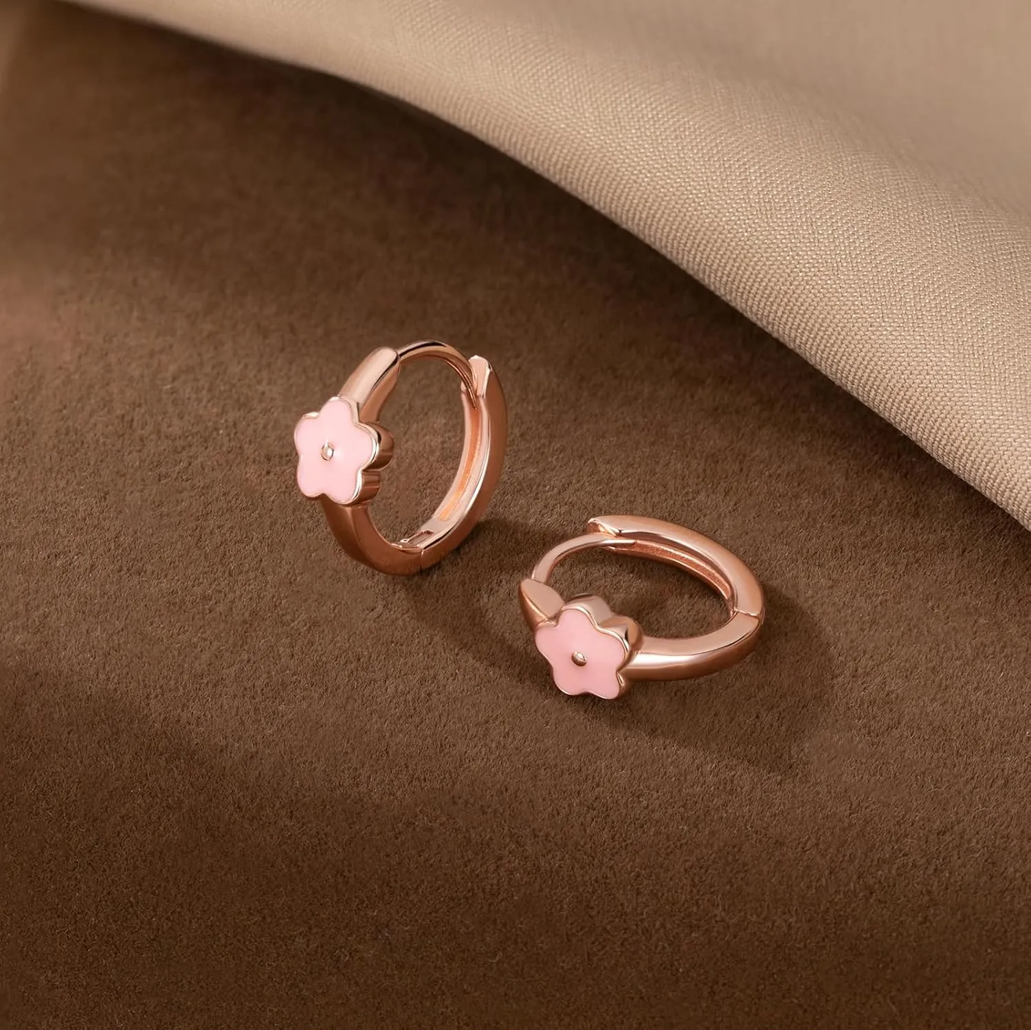 SLUYNZ Solid 925 Sterling Silver Pink Flower Earrings Hoop for Women Teens Cute Flower Hoop Earrings Huggie