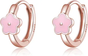 SLUYNZ Solid 925 Sterling Silver Pink Flower Earrings Hoop for Women Teens Cute Flower Hoop Earrings Huggie