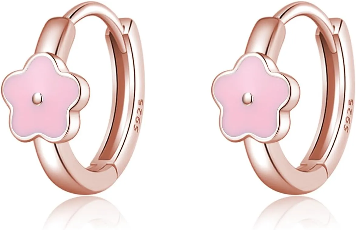 SLUYNZ Solid 925 Sterling Silver Pink Flower Earrings Hoop for Women Teens Cute Flower Hoop Earrings Huggie
