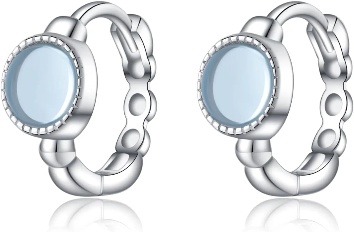 SLUYNZ Solid 925 Sterling Silver Synthetic Blue Gemstone Hoop Earrings for Women Teens Aquamarine Hoop Earrings Huggie
