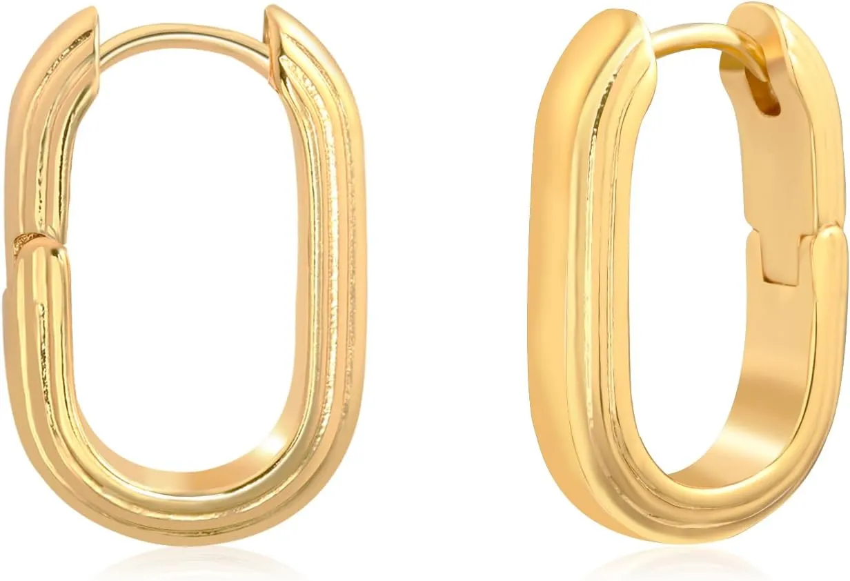 Small Chunky Gold Hoop Cartilage Earrings for Women 13mm Line Oval Huggie Earrings 14k Gold Plated Hoop