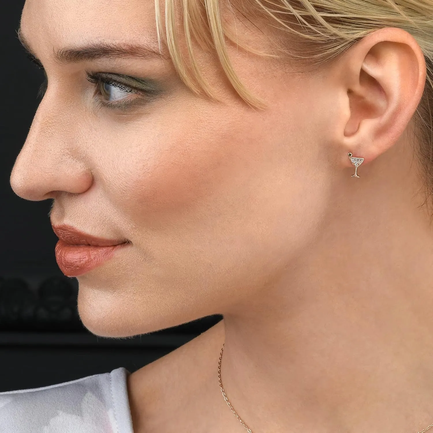 Small Cocktail Glass Earrings in 925 Sterling Silver with Cubic Zirconia Stones, Mini Cocktail Glass Stud Earrings for Women, Dainty Silver Jewellery for Women
