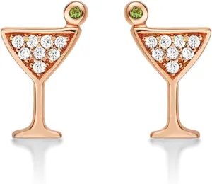 Small Cocktail Glass Earrings in 925 Sterling Silver with Cubic Zirconia Stones, Mini Cocktail Glass Stud Earrings for Women, Dainty Silver Jewellery for Women