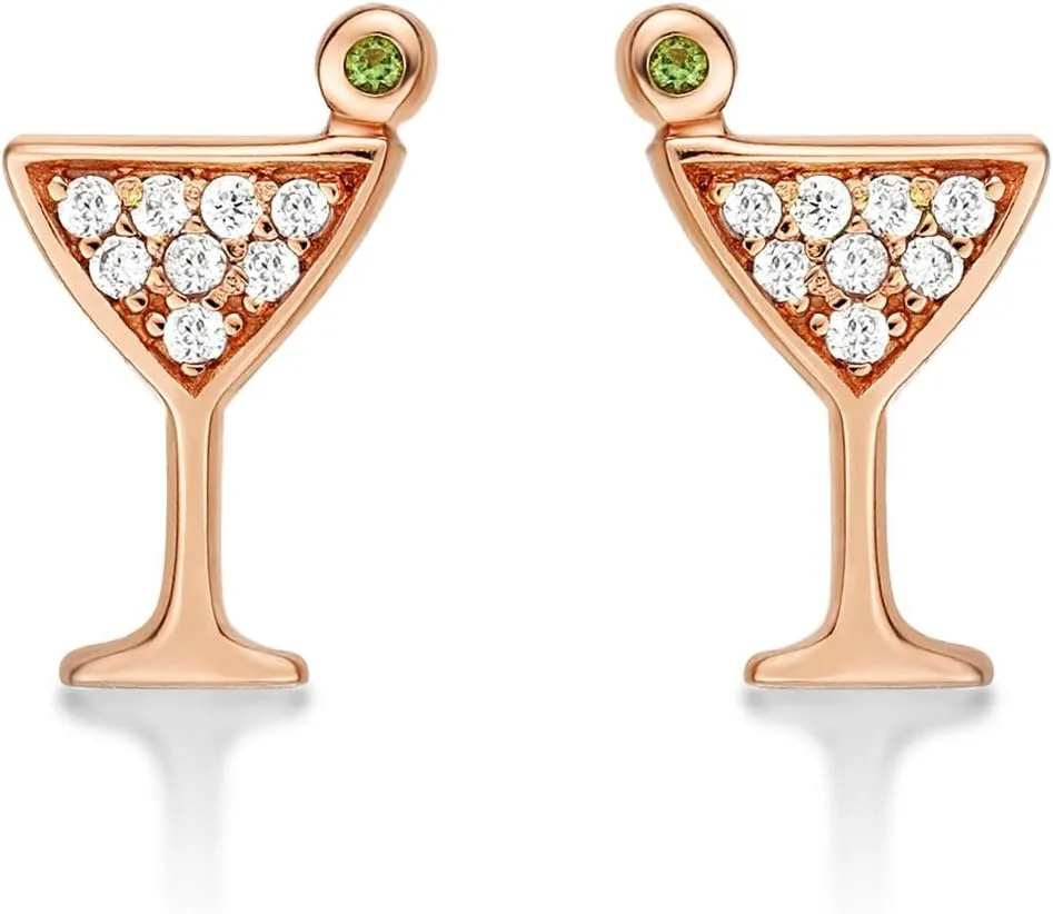Small Cocktail Glass Earrings in 925 Sterling Silver with Cubic Zirconia Stones, Mini Cocktail Glass Stud Earrings for Women, Dainty Silver Jewellery for Women