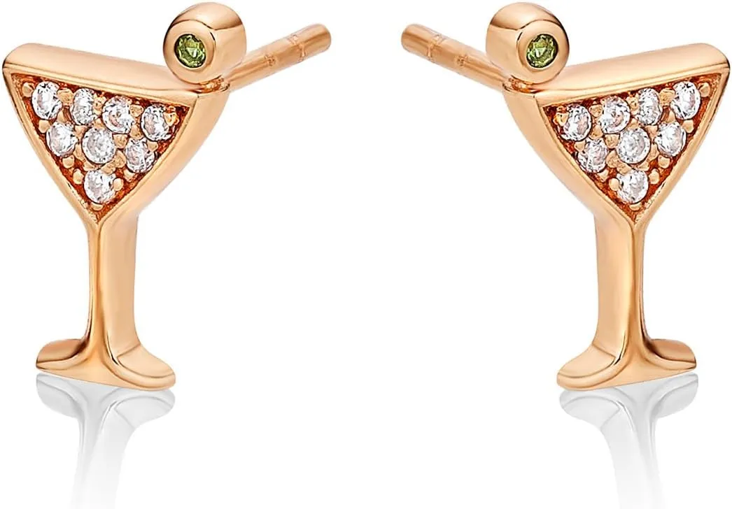 Small Cocktail Glass Earrings in 925 Sterling Silver with Cubic Zirconia Stones, Mini Cocktail Glass Stud Earrings for Women, Dainty Silver Jewellery for Women