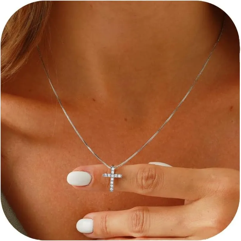 Small Cross Necklaces for Women Simulated Diamond Cross Pendant Dainty Necklace Cubic Zirconia Cross Necklace Silver