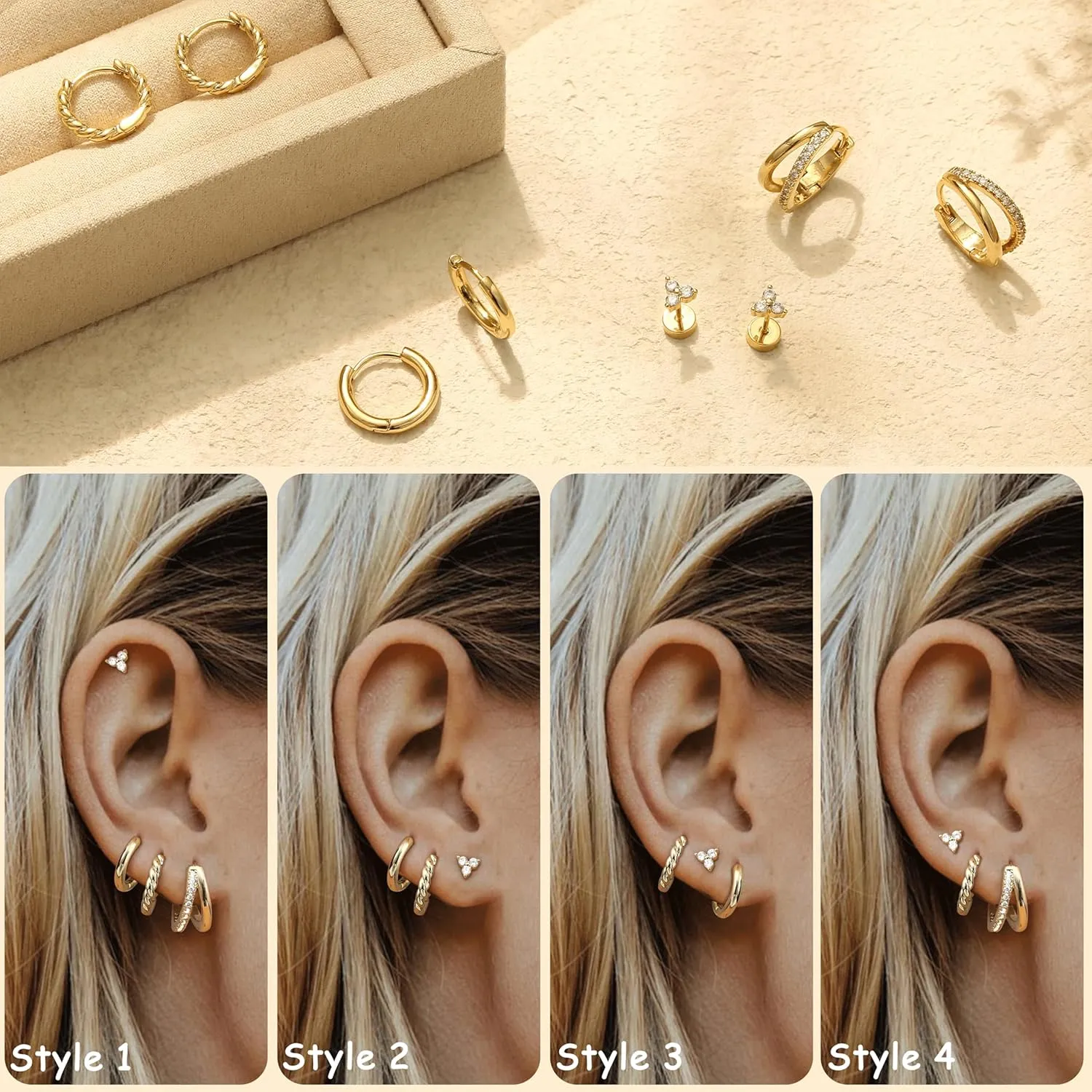 Small Gold Hoop Earrings for Women - Hypoallergenic 14K Gold Plated Surgical Steel Chunky Huggie Earings Stacks Set Dainty Cute Silver Cartilage Flat Back Stud Jewelry Trendy 4 Pairs