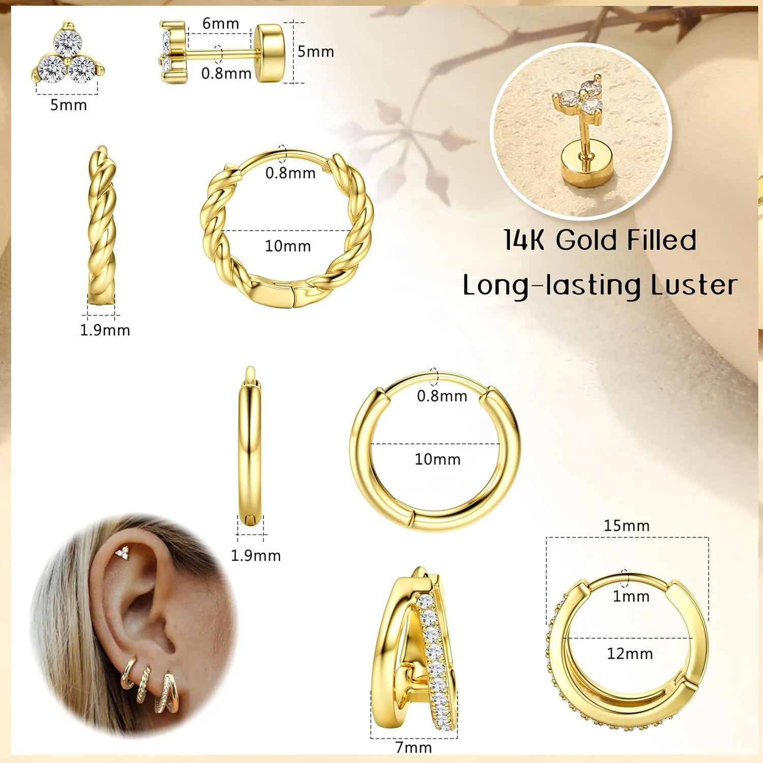 Small Gold Hoop Earrings for Women - Hypoallergenic 14K Gold Plated Surgical Steel Chunky Huggie Earings Stacks Set Dainty Cute Silver Cartilage Flat Back Stud Jewelry Trendy 4 Pairs
